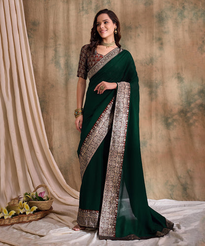 Elegant Green Saree with Unstitched Blouse for Custom Fit