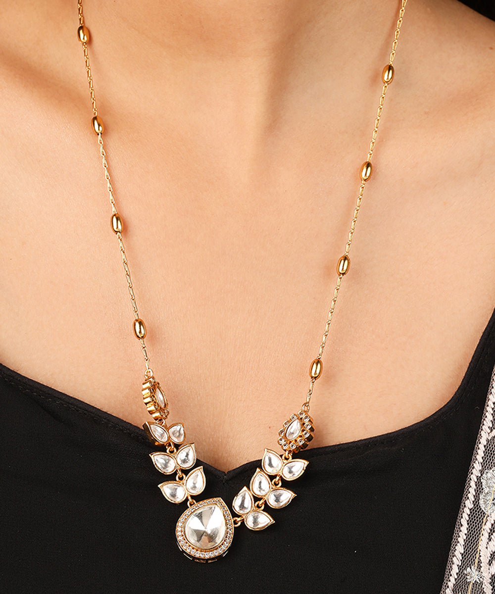 Gold Plated Necklace with Transparent Kundan Stones and Raindrop Pendant Set