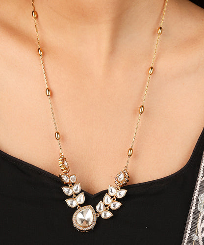 Gold Plated Necklace with Transparent Kundan Stones and Raindrop Pendant Set