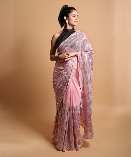 Sequined Diamond Pattern Baby Pink Saree
