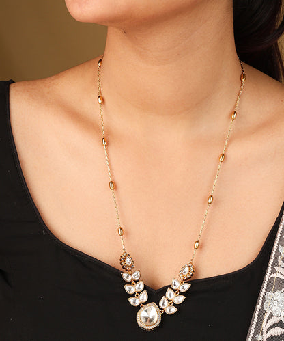 Gold Plated Necklace with Transparent Kundan Stones and Raindrop Pendant Set