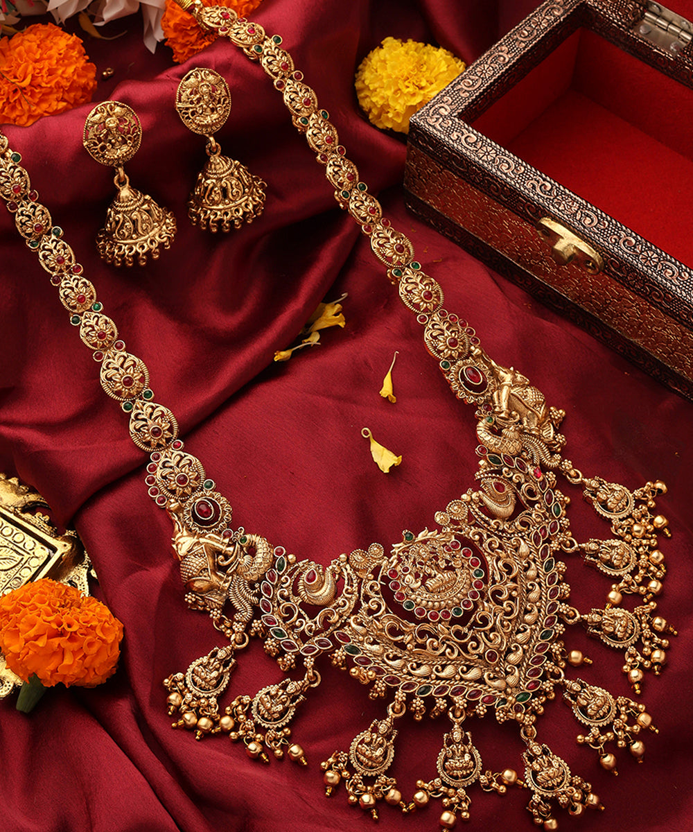 Temple Jewellery Long Statement Necklace with Kari Motif