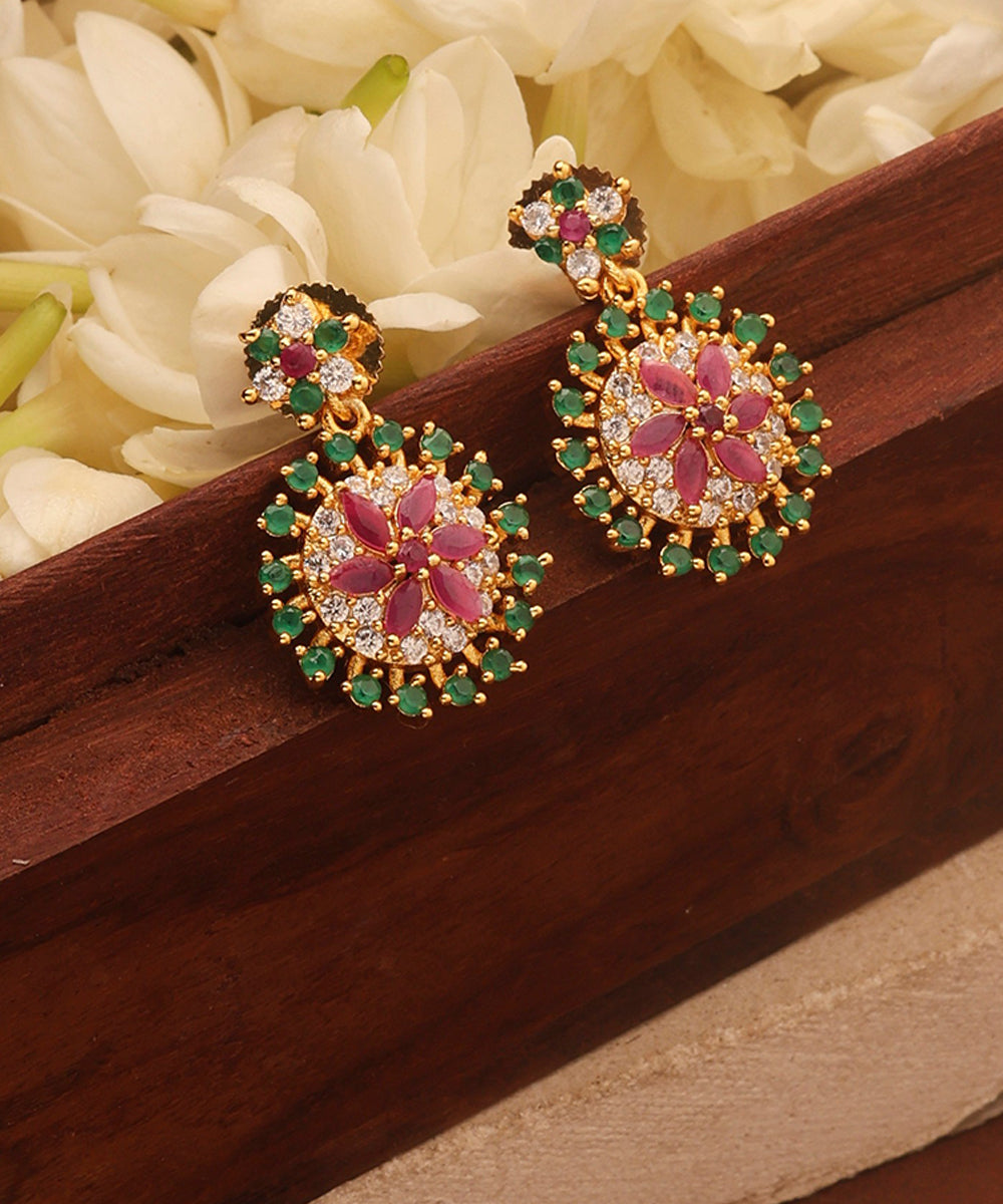 Gold Plated Necklace with American Diamond Floral Pendant