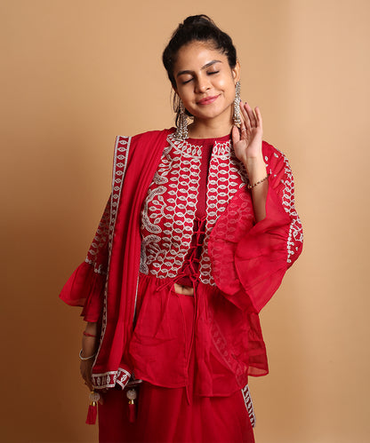 Crimson Designer Saree with Jacket Style Ready Blouse