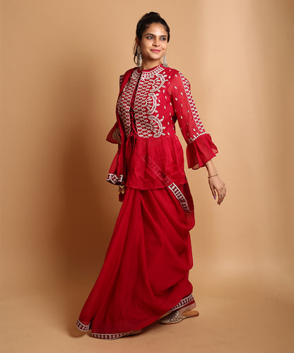 Crimson Designer Saree with Jacket Style Ready Blouse