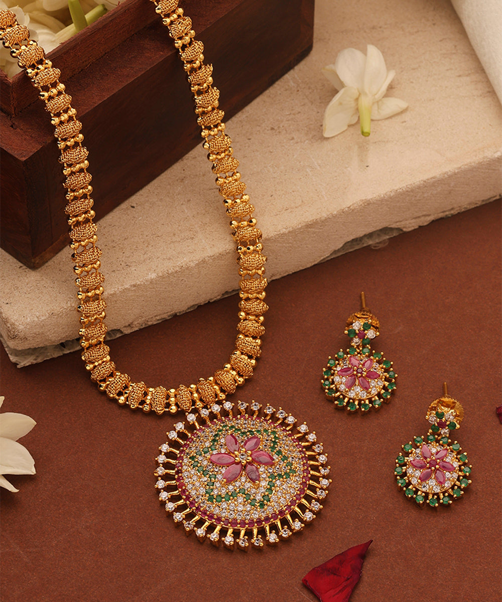Gold Plated Necklace with American Diamond Floral Pendant