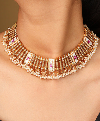 Contemporary Gold Plated Necklace with Arranged Lines and Stone Accents