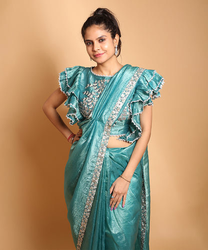 Teal Gota Patti Embroidered Saree with Ready Blouse