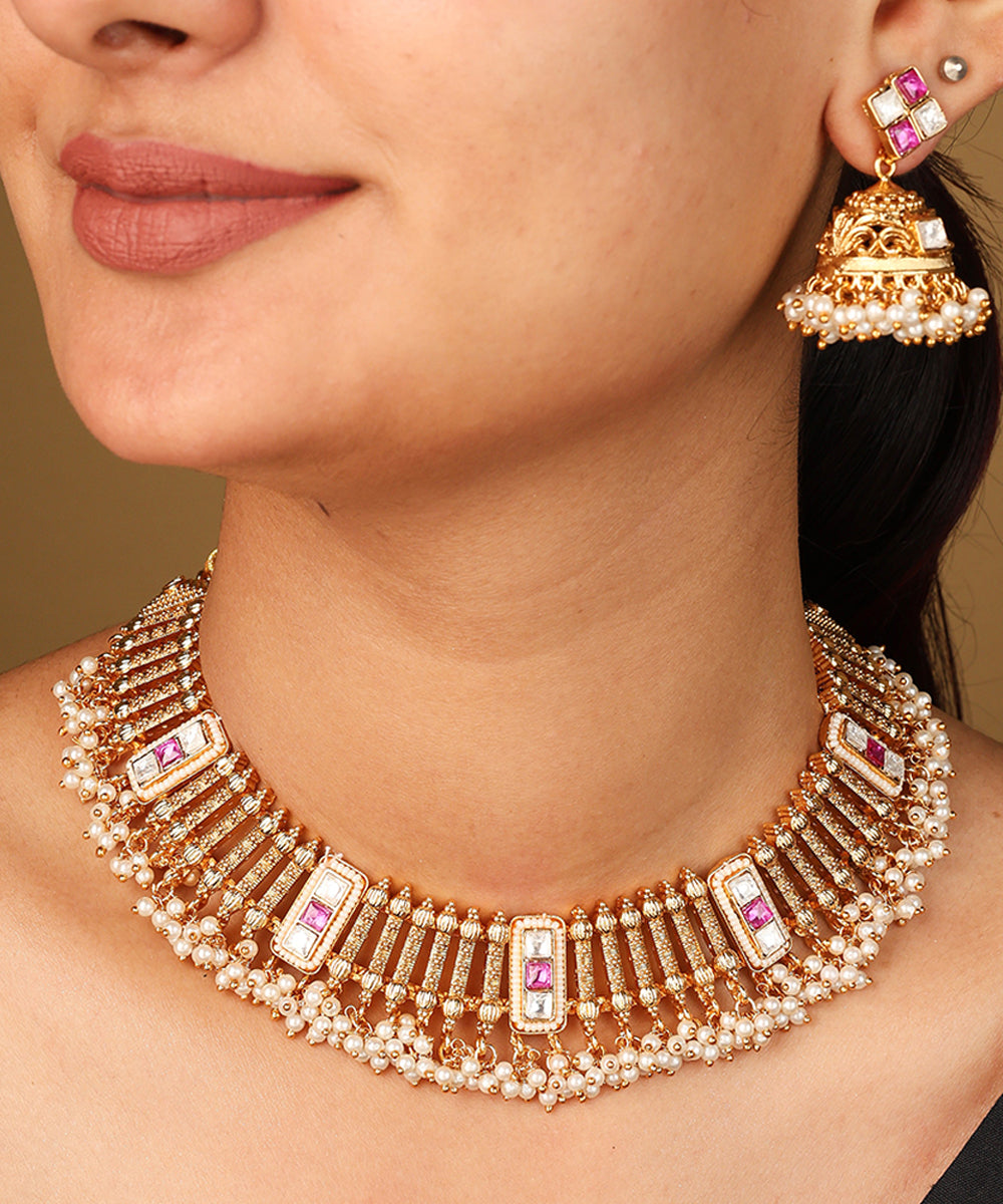 Contemporary Gold Plated Necklace with Arranged Lines and Stone Accents