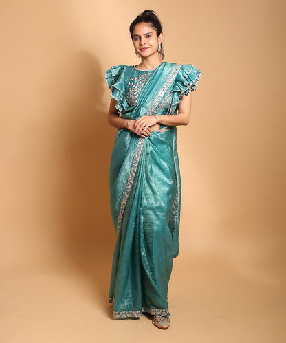 Teal Gota Patti Embroidered Saree with Ready Blouse
