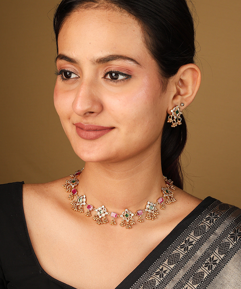 Red Stone Necklace with Curved Detailing and Matching Earrings