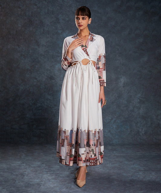 Dress White Linen Printed