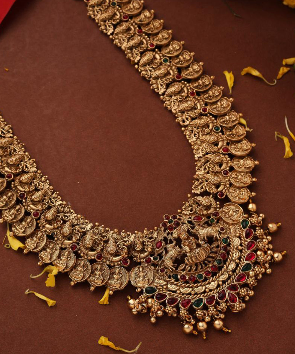 Long Lakshmi Coin Necklace Set with Lakshmi Motif Temple jewellery