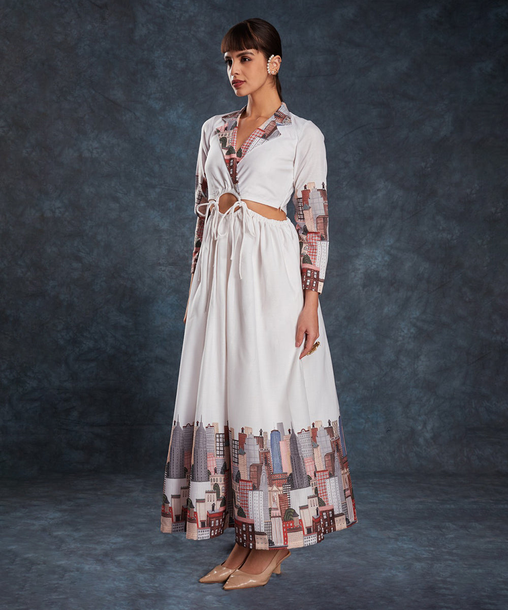 Dress White Linen Printed