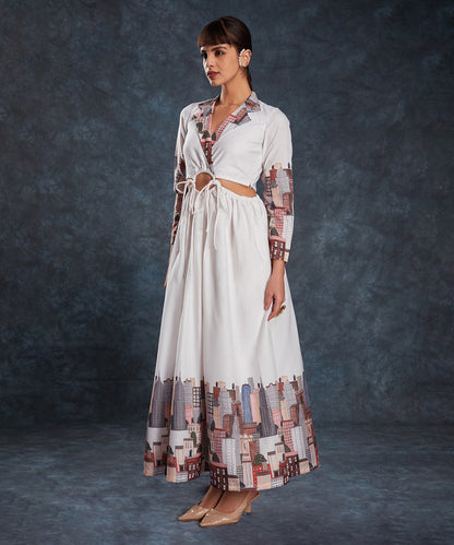 Dress White Linen Printed
