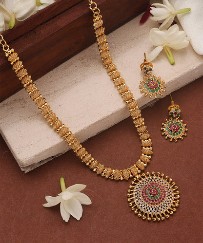 Gold Plated Necklace with Round American Diamond Stone Studded Pendant