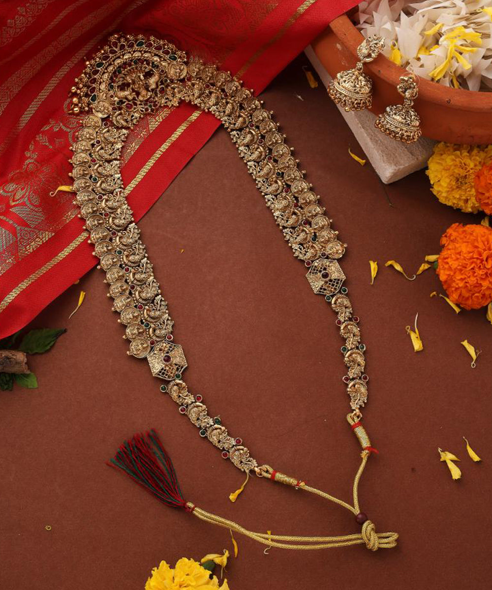 Long Lakshmi Coin Necklace Set with Lakshmi Motif Temple jewellery