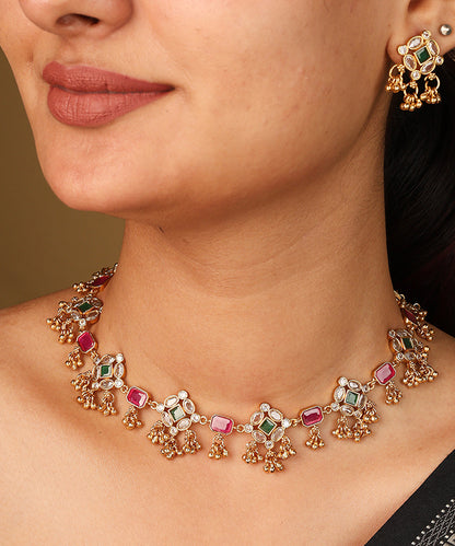 Red Stone Necklace with Curved Detailing and Matching Earrings