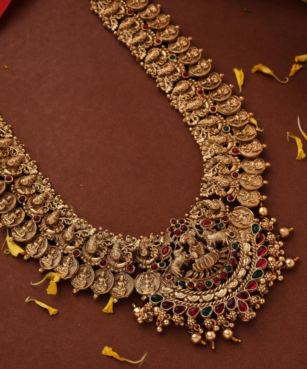 Long Lakshmi Coin Necklace Set with Lakshmi Motif Temple jewellery