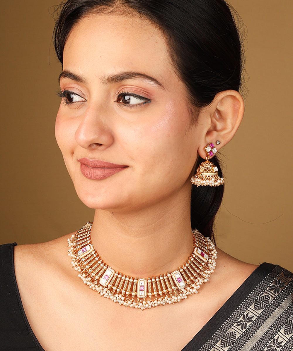 Contemporary Gold Plated Necklace with Arranged Lines and Stone Accents