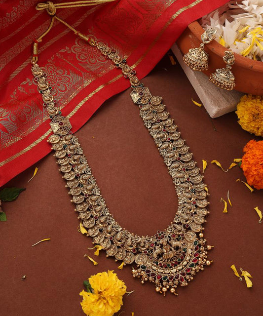 Long Lakshmi Coin Necklace Set with Lakshmi Motif Temple jewellery