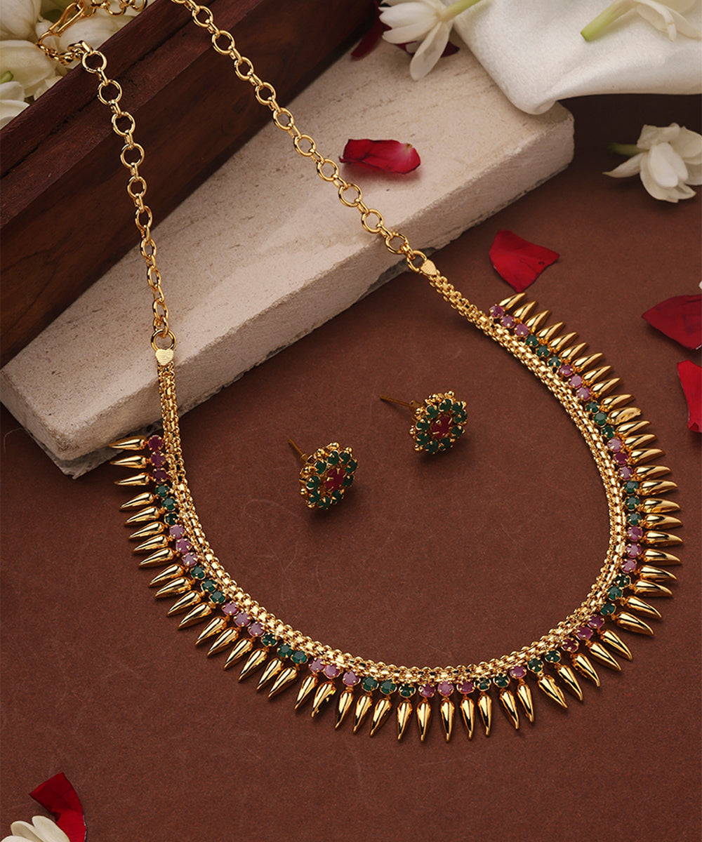 Gold Plated Choker and Stone Studded Necklace Set