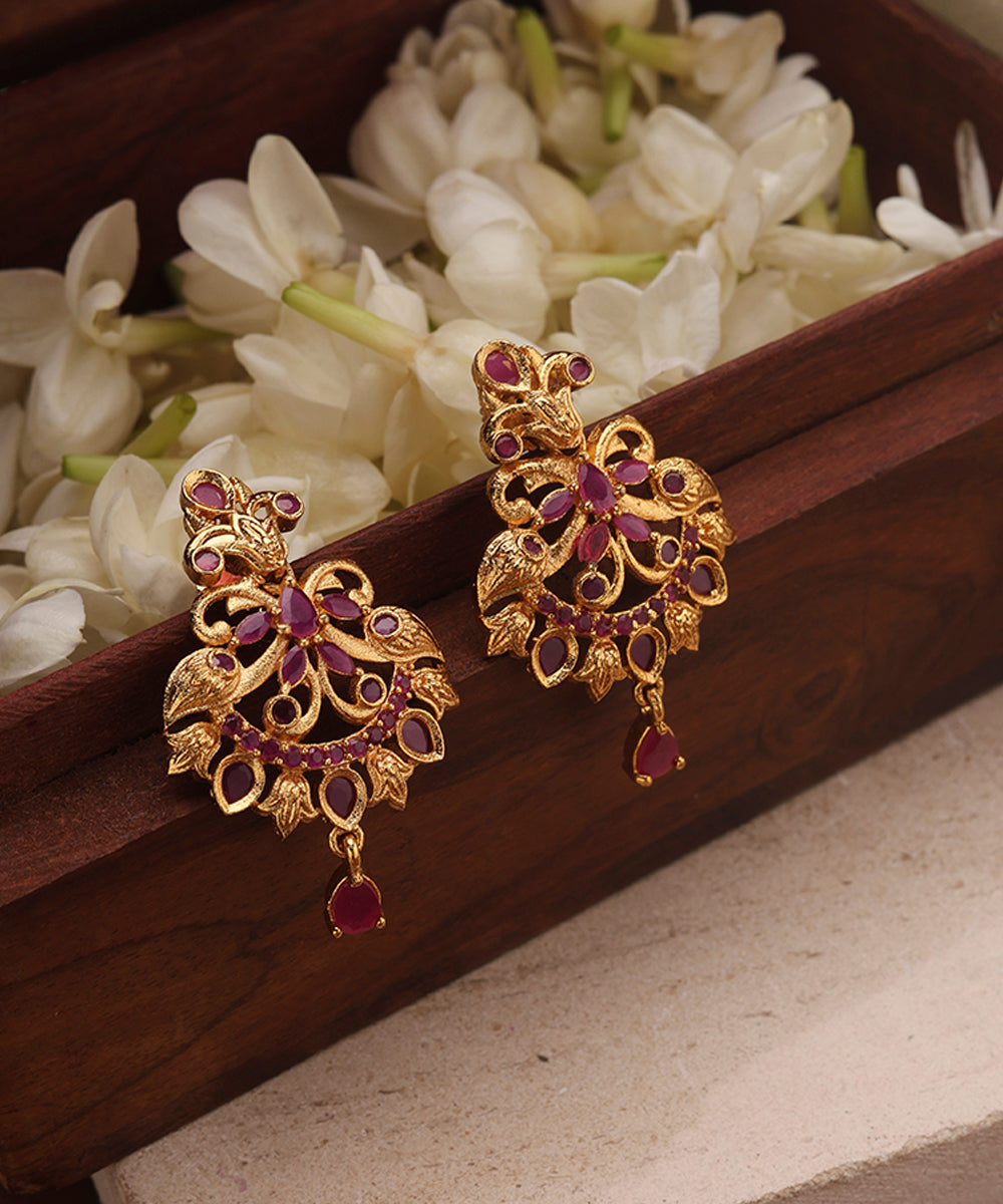 Gold Plated Long Necklace Set with Ruby Stone Studded Pendant