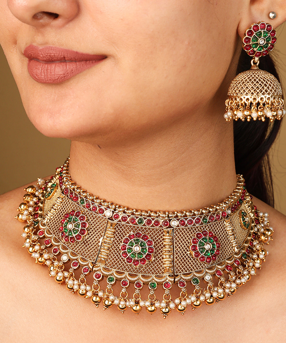 Ancient Style Curved Gold Plated Necklace with Intricate Carvings and Beaded Earrings