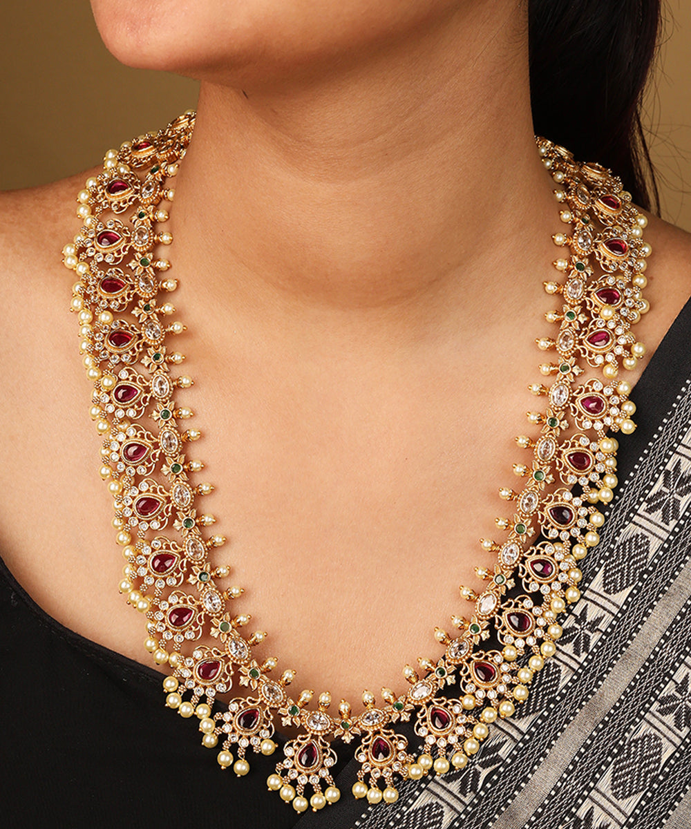 Guttapusalu Necklace with Tiny Jhumkis and Curved Detailing in Red Stones