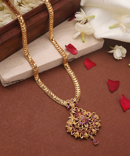 Gold Plated Long Necklace Set with Ruby Stone Studded Pendant