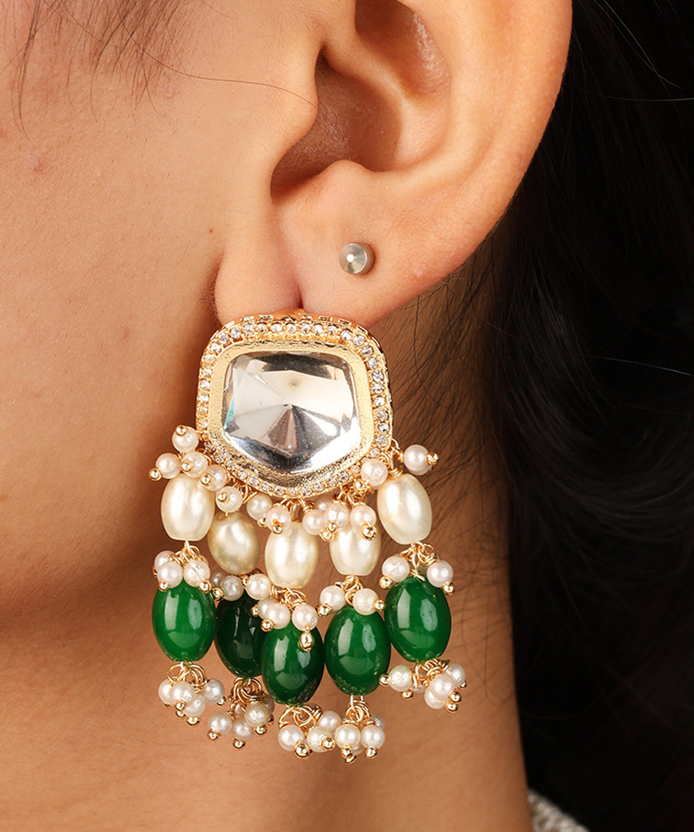 Necklace with Shapeless Transparent Kundan Stones and Dark Green Jhumkis