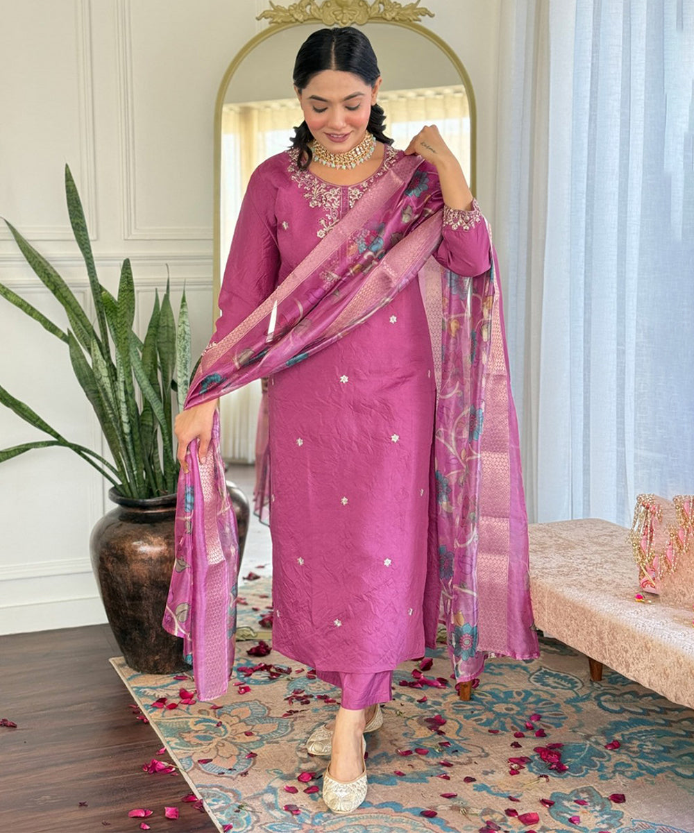 Kurta Set Onion Pink Chanderi Embroidered with Pant and Dupatta