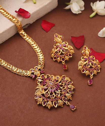 Gold Plated Long Necklace Set with Ruby Stone Studded Pendant