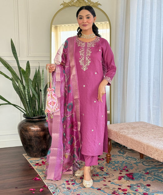 Kurta Set Onion Pink Chanderi Embroidered with Pant and Dupatta