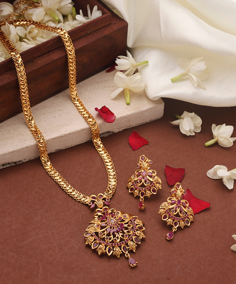 Gold Plated Long Necklace Set with Ruby Stone Studded Pendant