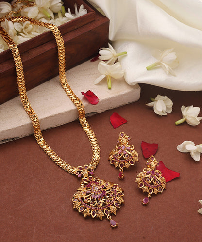 Gold Plated Long Necklace Set with Ruby Stone Studded Pendant
