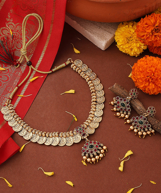 Gold Plated Lakshmi Coin Necklace Set