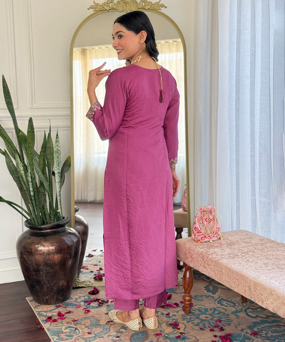 Kurta Set Onion Pink Chanderi Embroidered with Pant and Dupatta