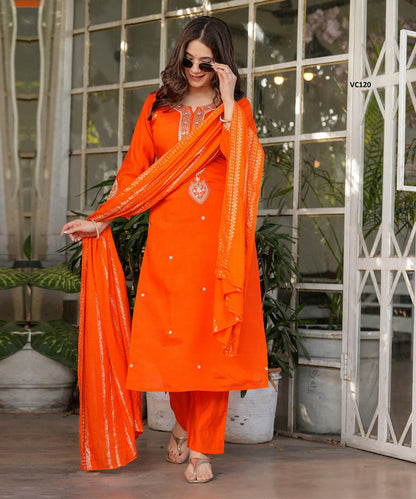 Kurta Set Orange Chanderi Embroidered with Pant and Dupatta