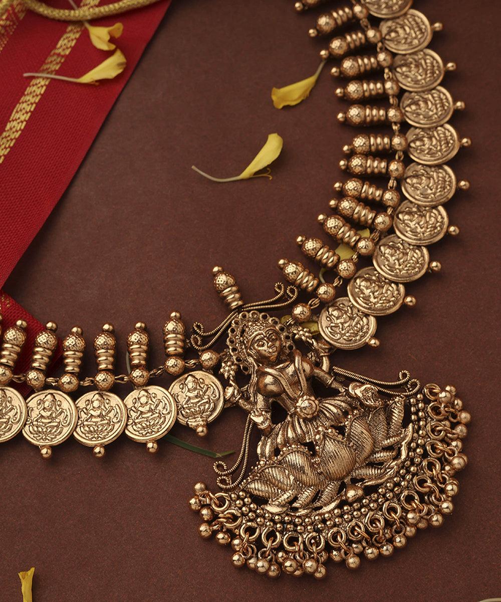 Gold Plated Lakshmi Coin Necklace Set with Lotus Lakshmi Motif