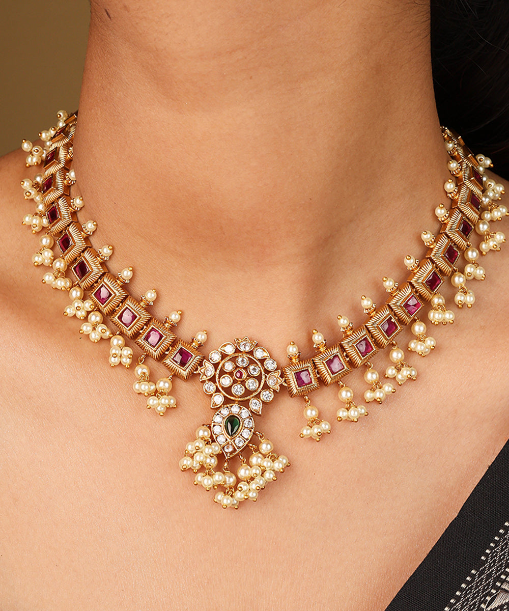 Exquisite Gold Plated Guttapusalu Necklace with Stone Embellishments