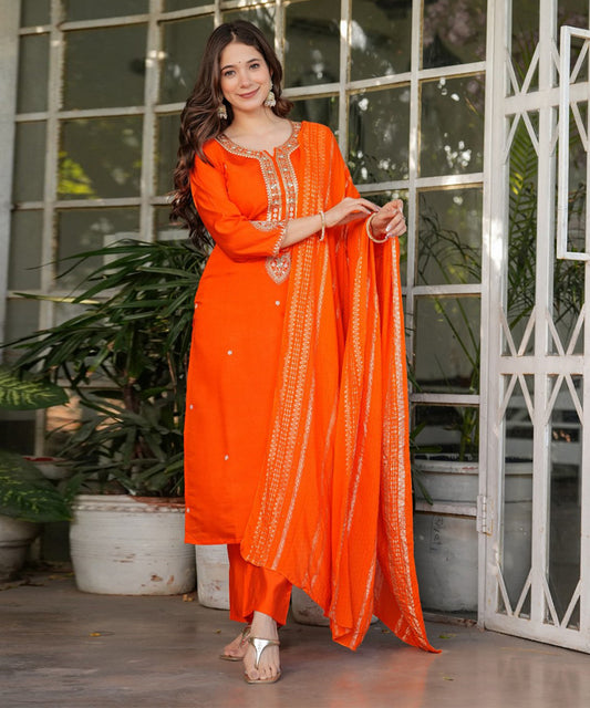 Kurta Set Orange Chanderi Embroidered with Pant and Dupatta