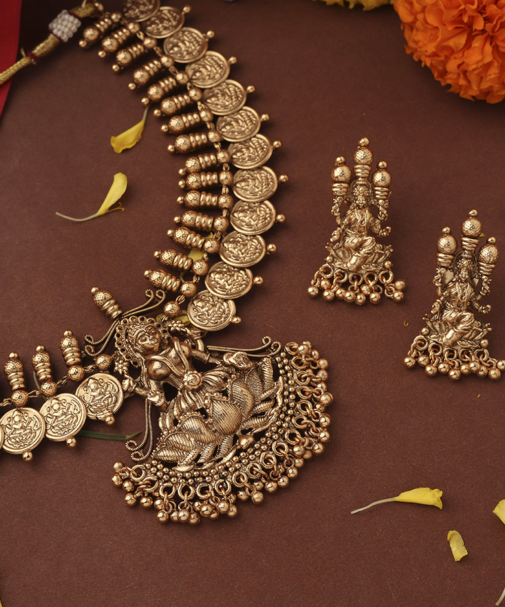 Gold Plated Lakshmi Coin Necklace Set with Lotus Lakshmi Motif