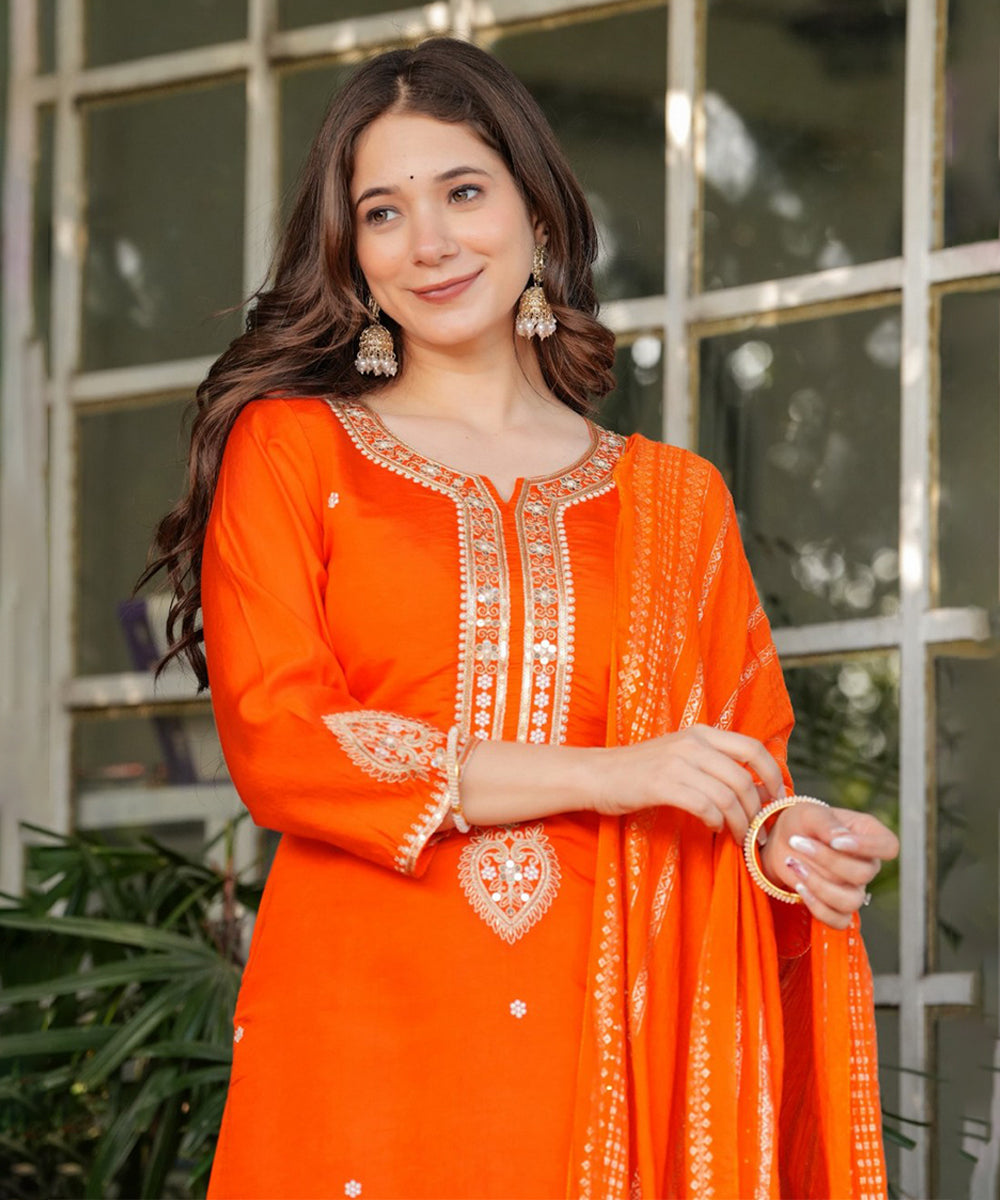 Kurta Set Orange Chanderi Embroidered with Pant and Dupatta