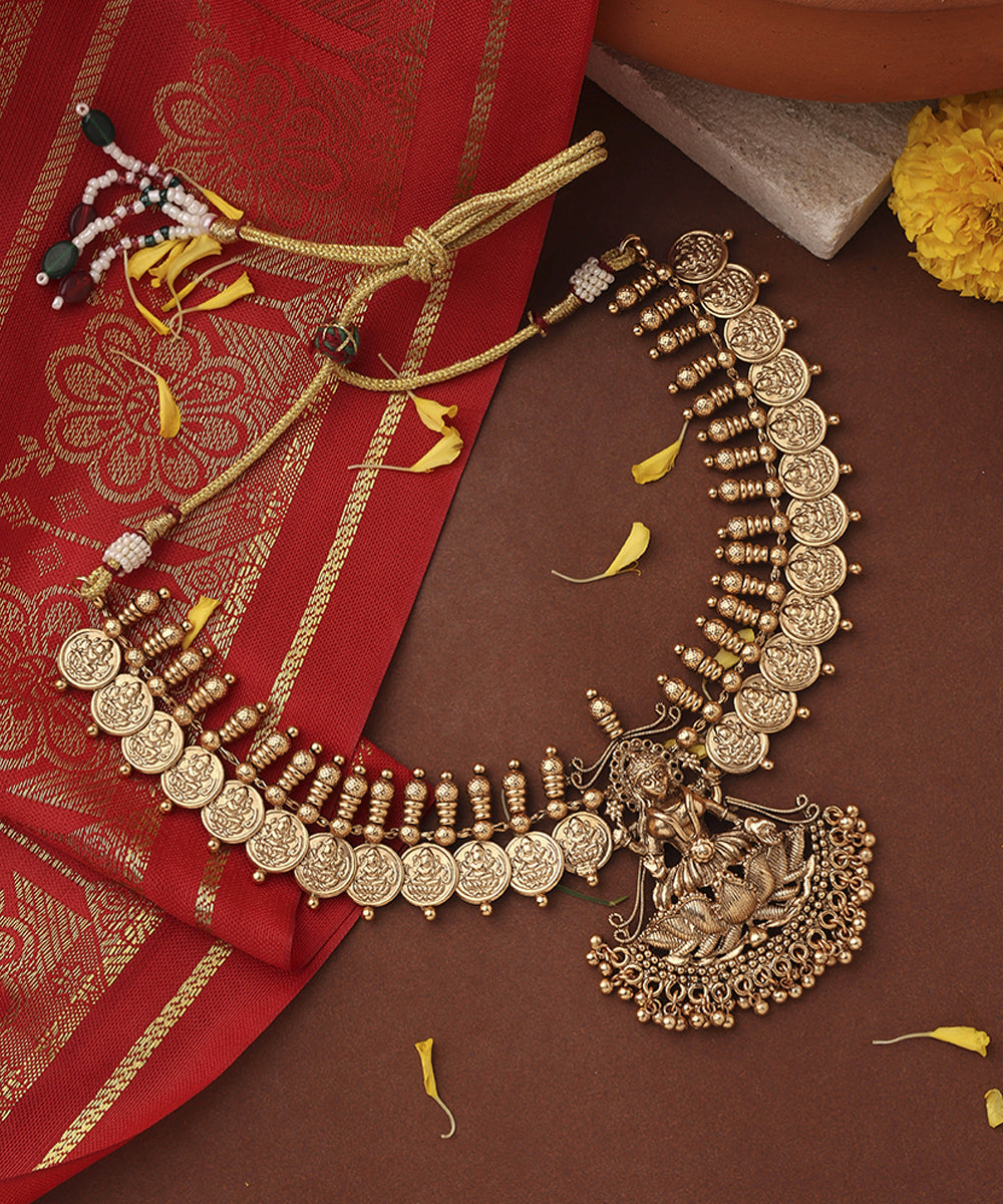 Gold Plated Lakshmi Coin Necklace Set with Lotus Lakshmi Motif