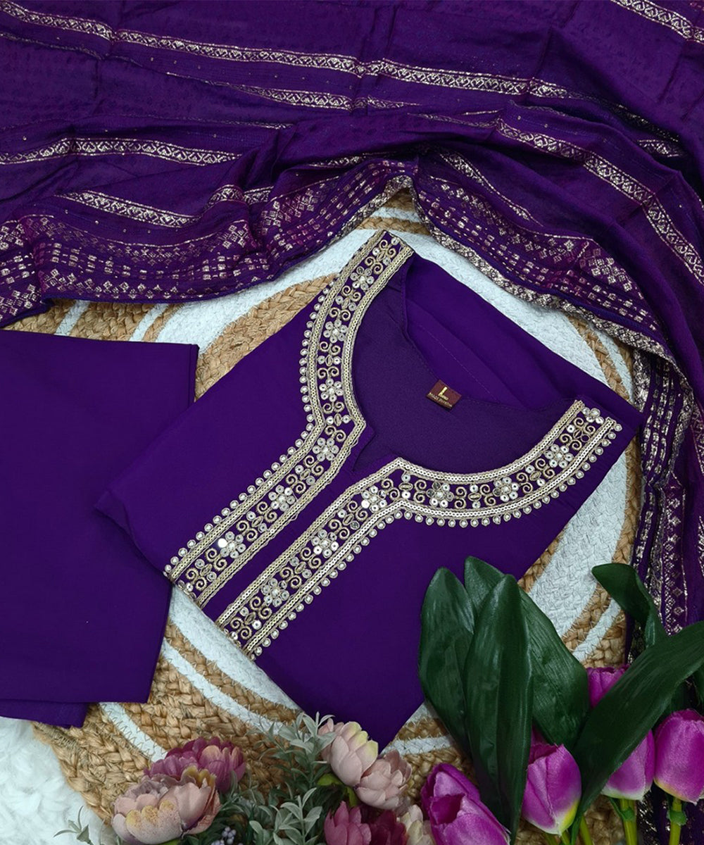 Kurta Set Purple Chanderi Embroidered with Pant and Dupatta