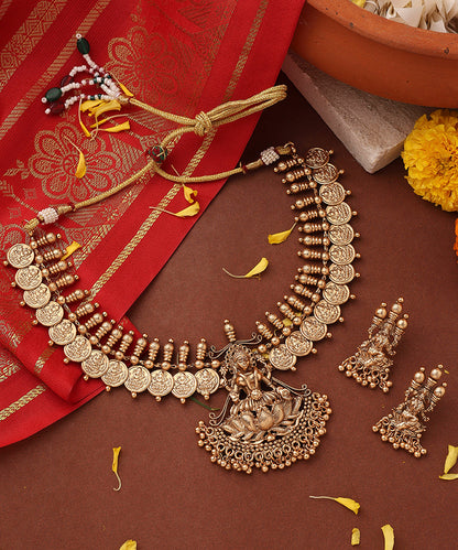 Gold Plated Lakshmi Coin Necklace Set with Lotus Lakshmi Motif