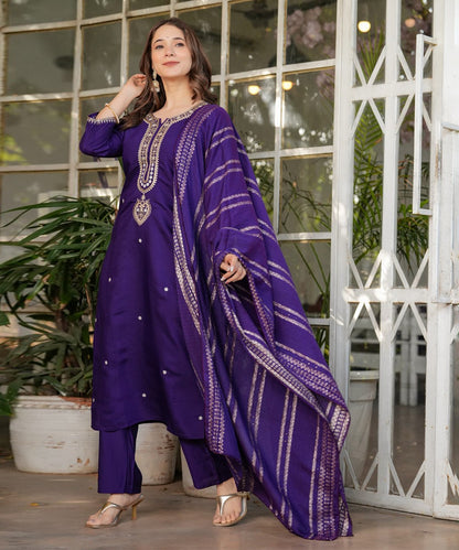 Kurta Set Purple Chanderi Embroidered with Pant and Dupatta