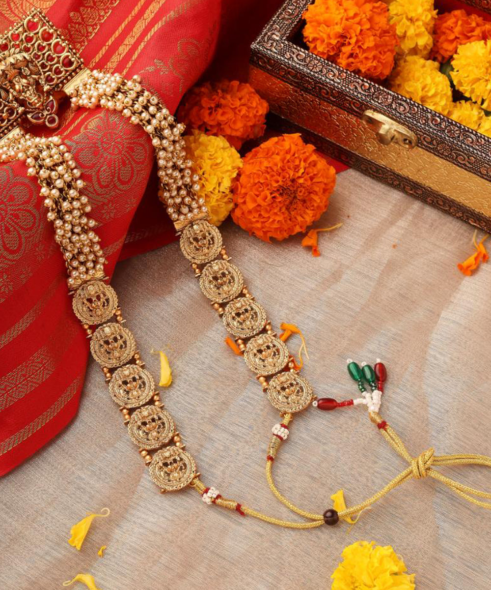 Long Pearl Necklace with Rectangle Lakshmi Pendant