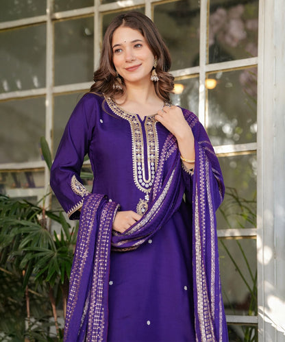 Kurta Set Purple Chanderi Embroidered with Pant and Dupatta